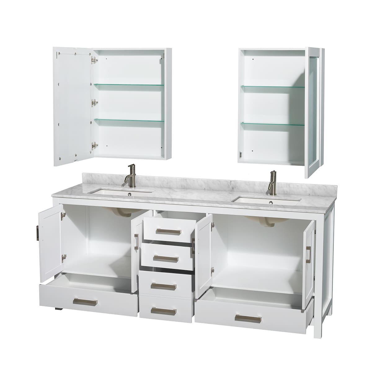 Sheffield 80" Free Standing Double Basin Vanity Set with Hardwood Cabinet, Marble Vanity Top, Medicine Cabinets, and Undermount Rectangular Sinks