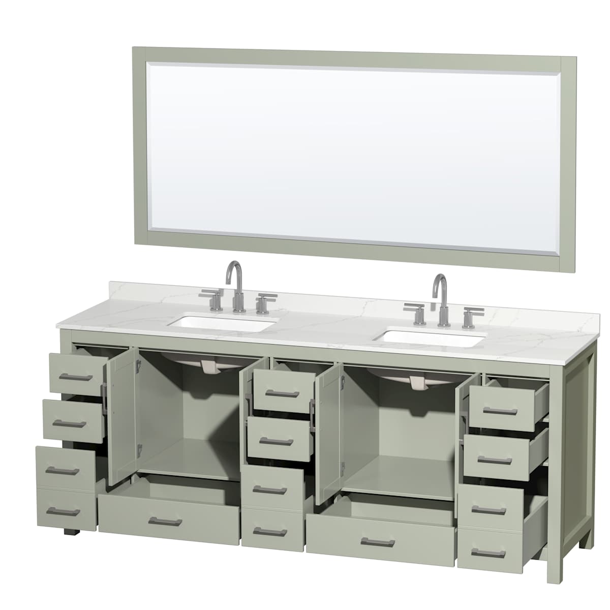 Sheffield 84" Free Standing Double Basin Vanity Set with Cabinet, Quartz Vanity Top, and Framed Mirror