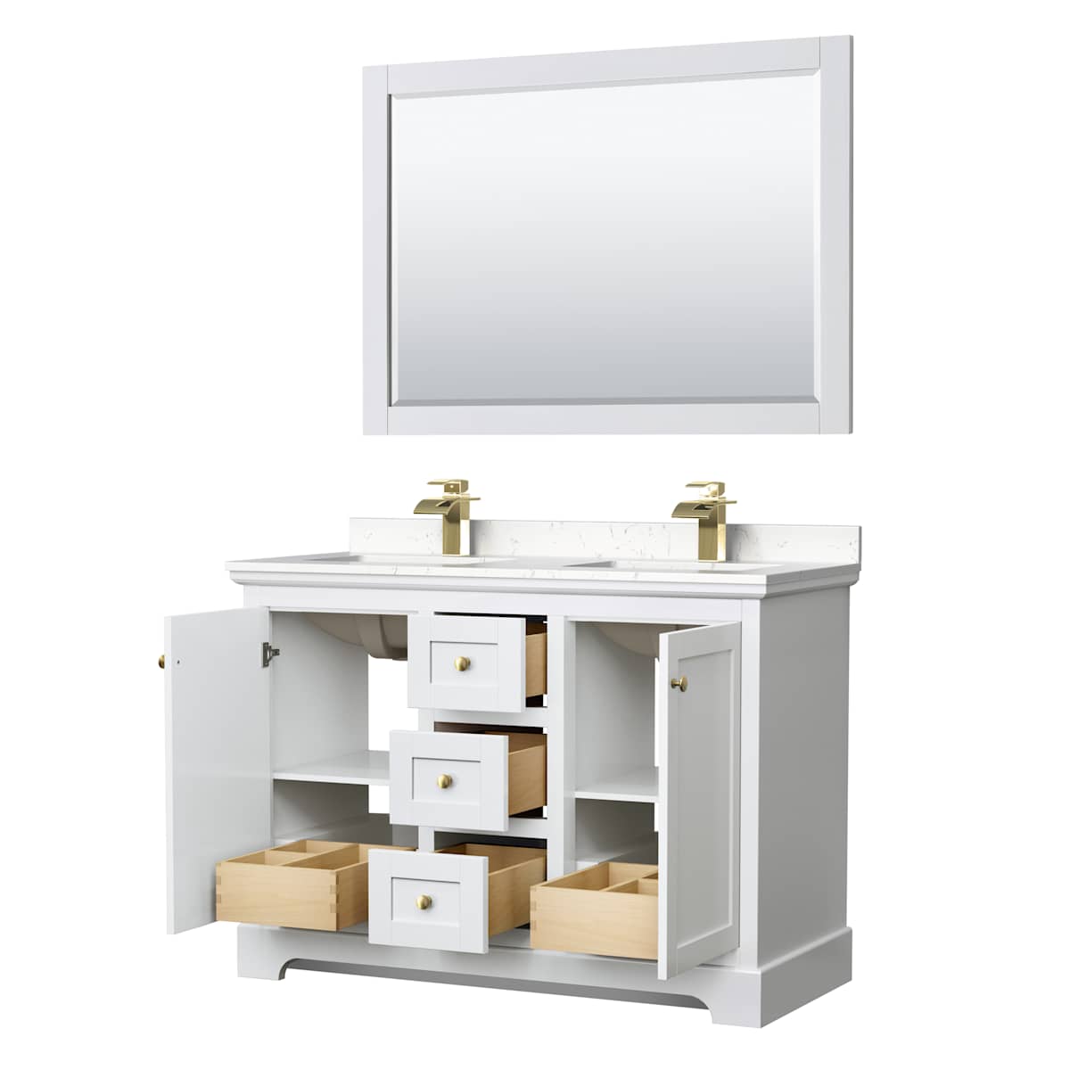 Avery 48" Free Standing Double Basin Vanity Set with Cabinet, Cultured Marble Vanity Top, and Framed Mirror