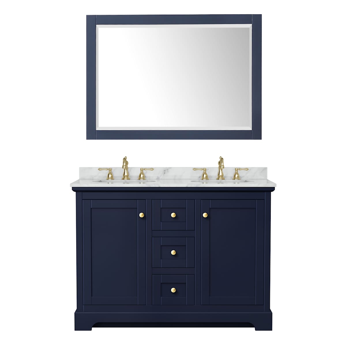 Avery 48" Free Standing Double Basin Vanity Set with Cabinet, Marble Vanity Top, and Framed Mirror