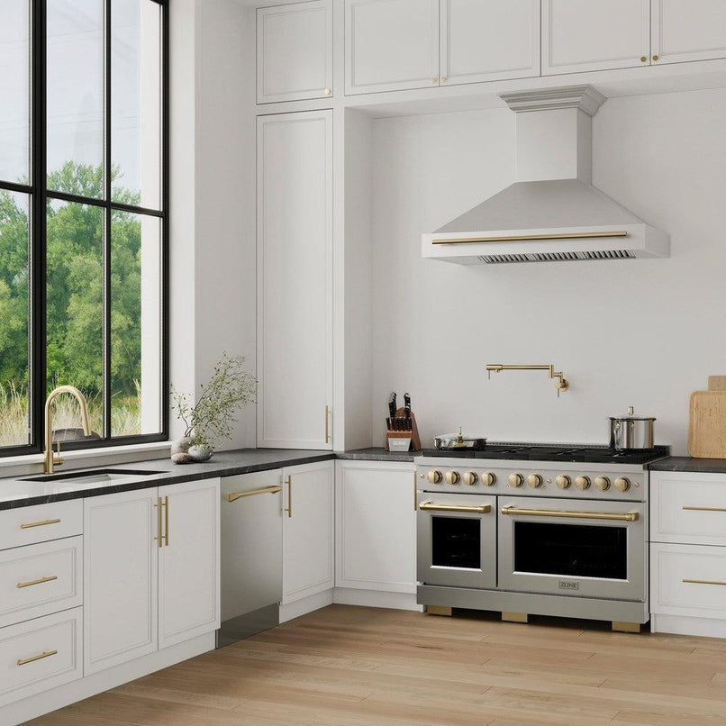 ZLINE Autograph Edition 48 in. Stainless Steel Range Hood with Stainless Steel Shell and Polished Gold Handle (8654STZ-48-G) in a luxury kitchen.
