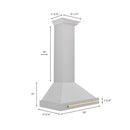 ZLINE Autograph Edition 30 in. Convertible Satin Stainless Steel Wall Mount Range Hood with Polished Gold Handle (KB4SNZ-30-G) dimensional diagram.