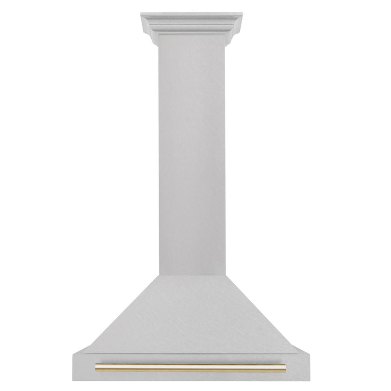 ZLINE Autograph Edition 30 in. Convertible Satin Stainless Steel Wall Mount Range Hood with Polished Gold Handle (KB4SNZ-30-G) front.