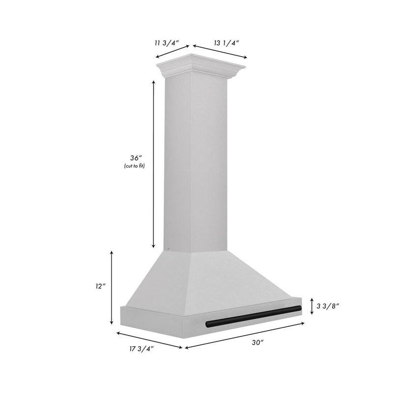 ZLINE Autograph Edition 30 in. Convertible Satin Stainless Steel Wall Mount Range Hood with Matte Black Handle (KB4SNZ-30-MB) dimensional diagram.