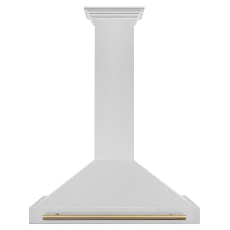 ZLINE Autograph Edition 36 in. Convertible Satin Stainless Steel Wall Mount Range Hood with Champagne Bronze Handle (KB4SNZ-36-CB) front.