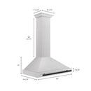 ZLINE Autograph Edition 36 in. Convertible Satin Stainless Steel Wall Mount Range Hood with Matte Black Handle (KB4SNZ-36-MB) dimensional diagram.