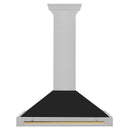 ZLINE Autograph Edition 36 in. Convertible Satin Stainless Steel Wall Mount Range Hood with Black Matte Shell and Polished Gold Handle (KB4SNZ-BLM36-G) front.