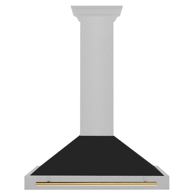 ZLINE Autograph Edition 36 in. Convertible Satin Stainless Steel Wall Mount Range Hood with Black Matte Shell and Polished Gold Handle (KB4SNZ-BLM36-G) front.