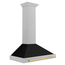 ZLINE Autograph Edition 36 in. Convertible Satin Stainless Steel Wall Mount Range Hood with Black Matte Shell and Polished Gold Handle (KB4SNZ-BLM36-G) side.