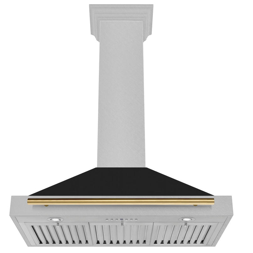 ZLINE Autograph Edition 36 in. Convertible Satin Stainless Steel Wall Mount Range Hood with Black Matte Shell and Polished Gold Handle (KB4SNZ-BLM36-G) under.