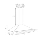 ZLINE Autograph Edition 48 in. Convertible Satin Stainless Steel Wall Mount Range Hood with Black Matte Shell and Champagne Bronze Handle (KB4SNZ-BLM48-CB) dimensional diagram.