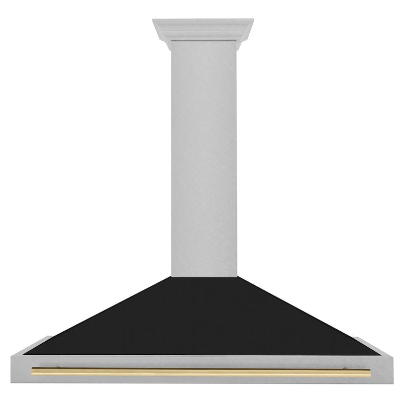 ZLINE Autograph Edition 48 in. Convertible Satin Stainless Steel Wall Mount Range Hood with Black Matte Shell and Champagne Bronze Handle (KB4SNZ-BLM48-CB) front.