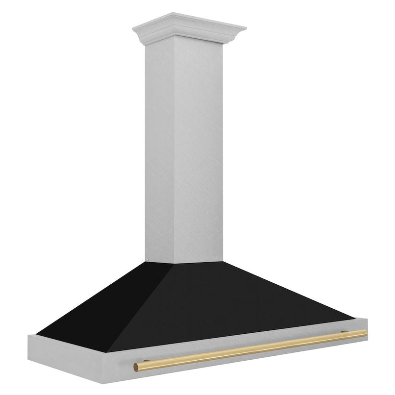 ZLINE Autograph Edition 48 in. Convertible Satin Stainless Steel Wall Mount Range Hood with Black Matte Shell and Champagne Bronze Handle (KB4SNZ-BLM48-CB) side.
