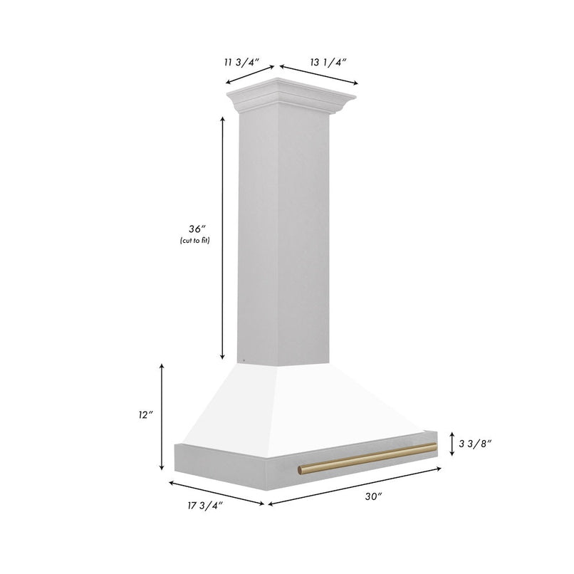 ZLINE Autograph Edition 30 in. Convertible Satin Stainless Steel Wall Mount Range Hood with White Matte Shell and Champagne Bronze Handle (KB4SNZ-WM30-CB) dimensional diagram.