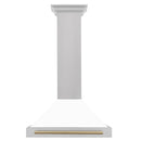 ZLINE Autograph Edition 30 in. Convertible Satin Stainless Steel Wall Mount Range Hood with White Matte Shell and Champagne Bronze Handle (KB4SNZ-WM30-CB) front.