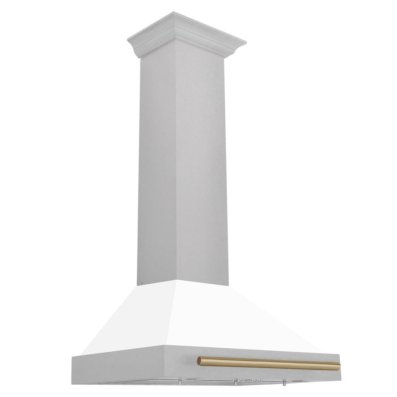 ZLINE Autograph Edition 30 in. Convertible Satin Stainless Steel Wall Mount Range Hood with White Matte Shell and Champagne Bronze Handle (KB4SNZ-WM30-CB)