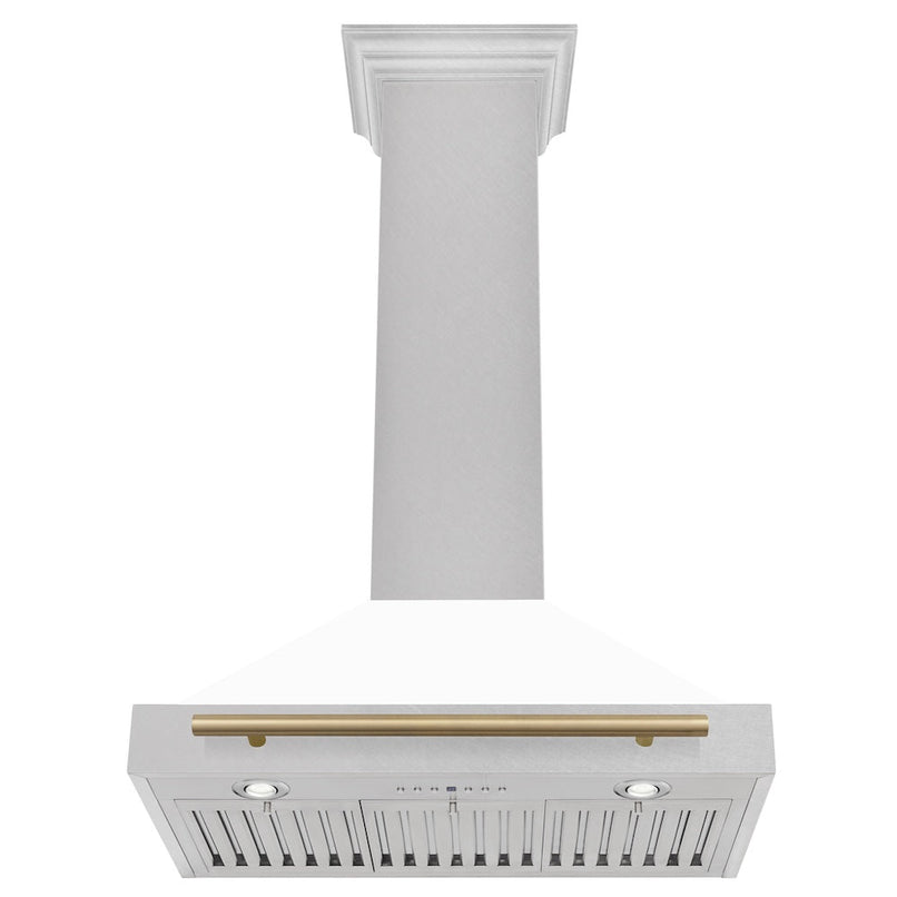 ZLINE Autograph Edition 30 in. Convertible Satin Stainless Steel Wall Mount Range Hood with White Matte Shell and Champagne Bronze Handle (KB4SNZ-WM30-CB) under.