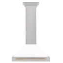 ZLINE Autograph Edition 30 in. Convertible Satin Stainless Steel Wall Mount Range Hood with White Matte Shell and Polished Gold Handle (KB4SNZ-WM30-G) dimensional diagram.