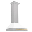 ZLINE Autograph Edition 30 in. Convertible Satin Stainless Steel Wall Mount Range Hood with White Matte Shell and Polished Gold Handle (KB4SNZ-WM30-G) dimensional diagram.