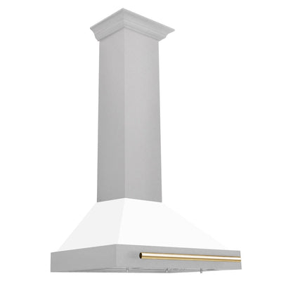 ZLINE Autograph Edition 30 in. Convertible Satin Stainless Steel Wall Mount Range Hood with White Matte Shell and Polished Gold Handle (KB4SNZ-WM30-G) dimensional diagram.