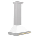 ZLINE Autograph Edition 30 in. Convertible Satin Stainless Steel Wall Mount Range Hood with White Matte Shell and Polished Gold Handle (KB4SNZ-WM30-G) dimensional diagram.