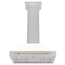 ZLINE Autograph Edition 30 in. Convertible Satin Stainless Steel Wall Mount Range Hood with White Matte Shell and Polished Gold Handle (KB4SNZ-WM30-G) dimensional diagram.