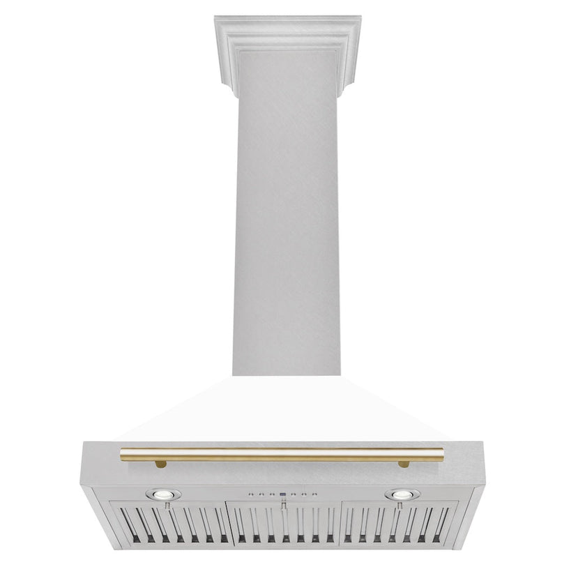 ZLINE Autograph Edition 30 in. Convertible Satin Stainless Steel Wall Mount Range Hood with White Matte Shell and Polished Gold Handle (KB4SNZ-WM30-G) dimensional diagram.
