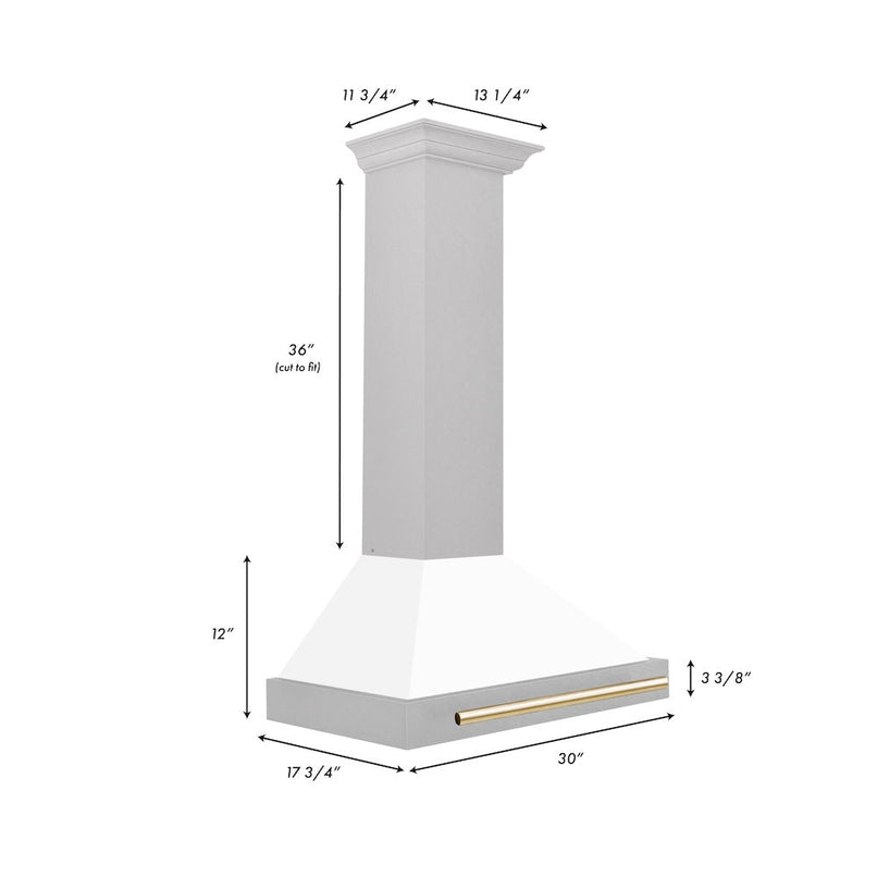 ZLINE Autograph Edition 30 in. Convertible Satin Stainless Steel Wall Mount Range Hood with White Matte Shell and Polished Gold Handle (KB4SNZ-WM30-G) dimensional diagram.