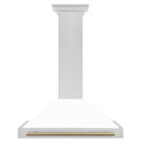 ZLINE Autograph Edition 36 in. Convertible Satin Stainless Steel Wall Mount Range Hood with White Matte Shell and Champagne Bronze Handle (KB4SNZ-WM36-CB) front.