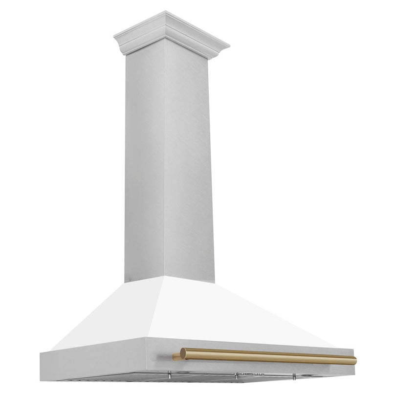 ZLINE Autograph Edition 36 in. Convertible Satin Stainless Steel Wall Mount Range Hood with White Matte Shell and Champagne Bronze Handle (KB4SNZ-WM36-CB)