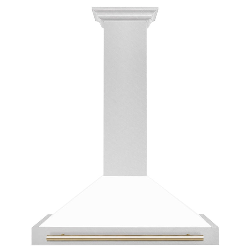 ZLINE Autograph Edition 36 in. Convertible Satin Stainless Steel Wall Mount Range Hood with White Matte Shell and Polished Gold Handle (KB4SNZ-WM36-G) dimensional diagram.
