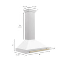 ZLINE Autograph Edition 36 in. Convertible Satin Stainless Steel Wall Mount Range Hood with White Matte Shell and Polished Gold Handle (KB4SNZ-WM36-G) dimensional diagram.