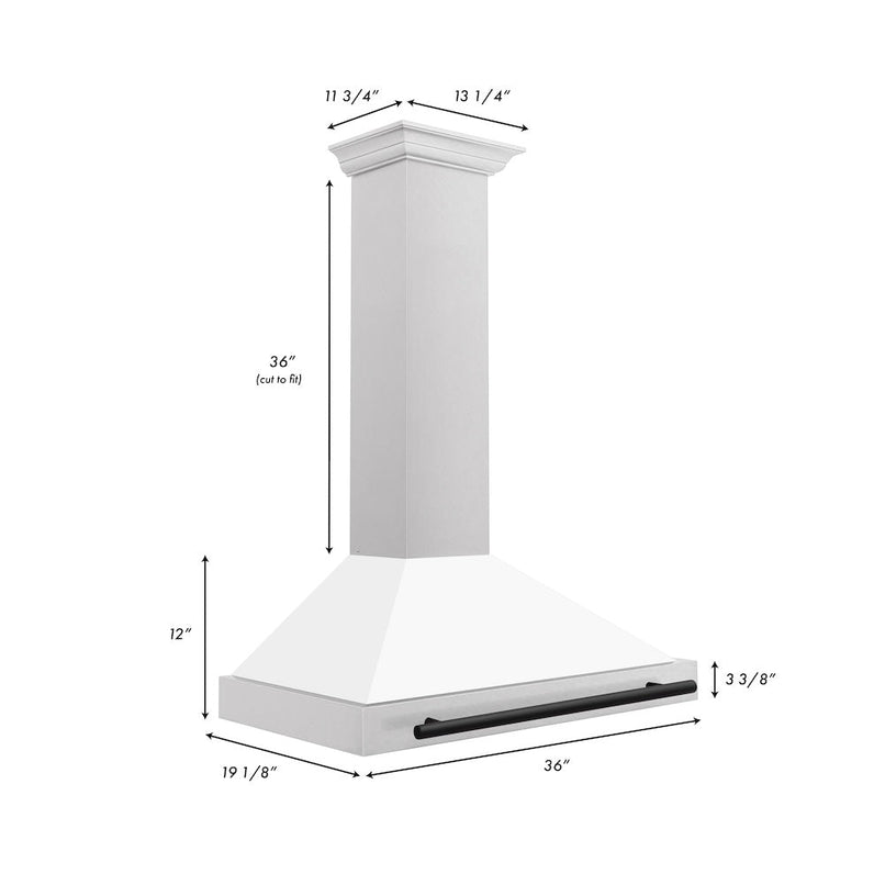 ZLINE Autograph Edition 36 in. Convertible Satin Stainless Steel Wall Mount Range Hood with White Matte Shell and Matte Black Handle (KB4SNZ-WM36-MB) dimensional diagram.