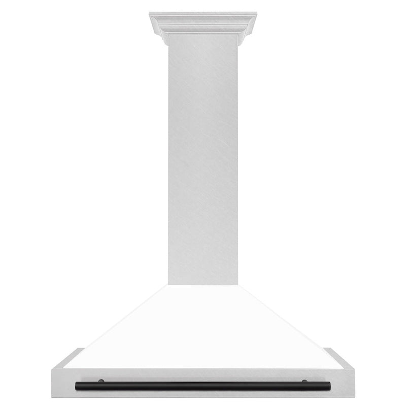 ZLINE Autograph Edition 36 in. Convertible Satin Stainless Steel Wall Mount Range Hood with White Matte Shell and Matte Black Handle (KB4SNZ-WM36-MB) front.