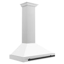 ZLINE Autograph Edition 36 in. Convertible Satin Stainless Steel Wall Mount Range Hood with White Matte Shell and Matte Black Handle (KB4SNZ-WM36-MB) side.