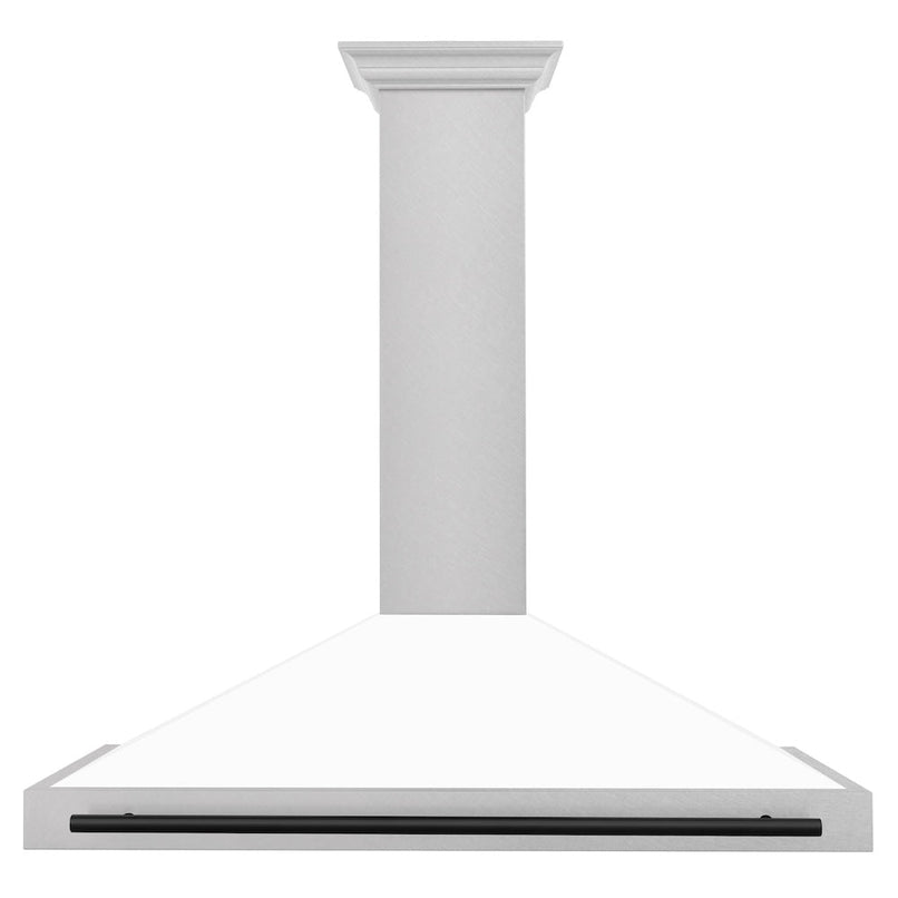 ZLINE Autograph Edition 48 in. Convertible Satin Stainless Steel Wall Mount Range Hood with White Matte Shell and Matte Black Handle (KB4SNZ-WM48-MB) front.