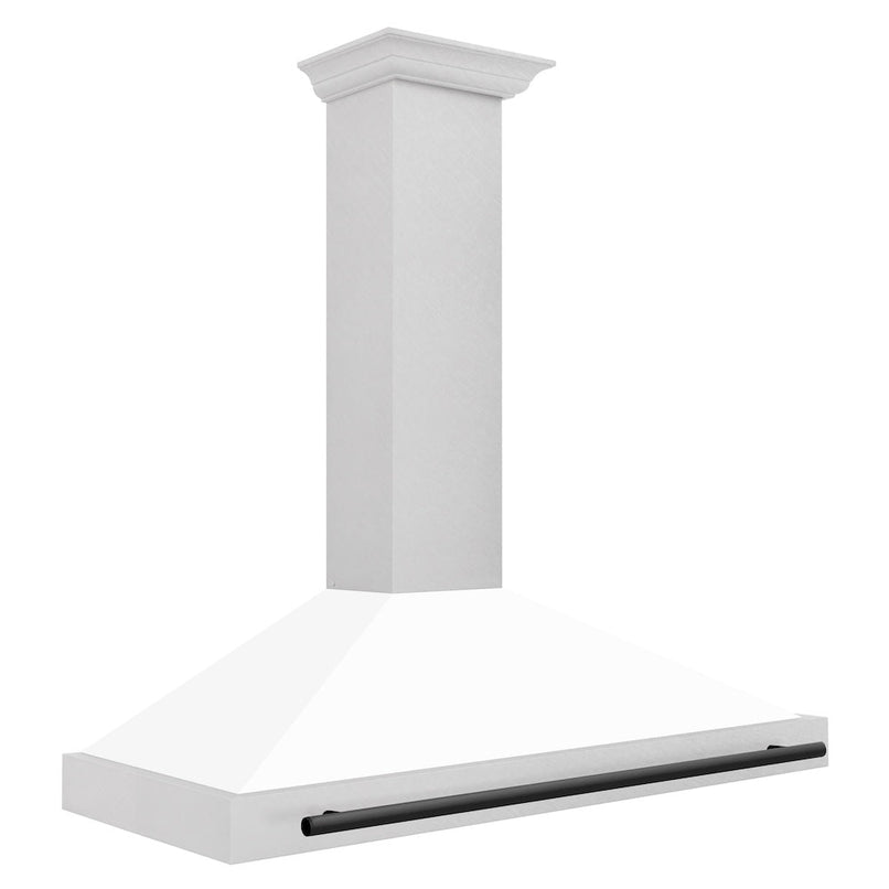 ZLINE Autograph Edition 48 in. Convertible Satin Stainless Steel Wall Mount Range Hood with White Matte Shell and Matte Black Handle (KB4SNZ-WM48-MB) side.