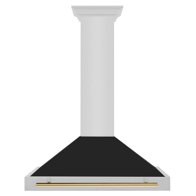 ZLINE Autograph Edition 36 in. Convertible Stainless Steel Range Hood with Black Matte Shell and Polished Gold Handle (KB4STZ-BLM36-G) front.