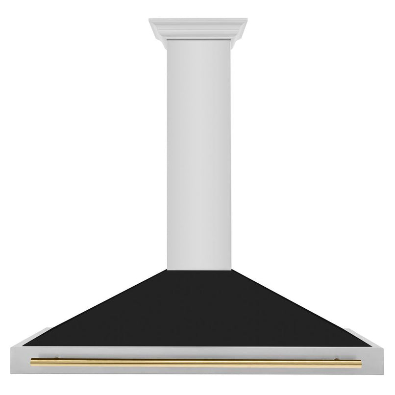 ZLINE Autograph Edition 48 in. Convertible Stainless Steel Range Hood with Black Matte Shell and Polished Gold Handle (KB4STZ-BLM48-G) front.