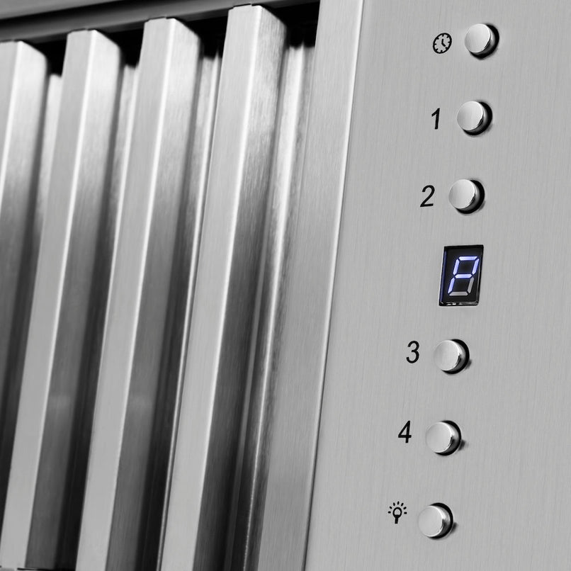 ZLINE 30 in. Wooden Wall Mount Range Hood in Rustic Shiplap Black Finish with Stainless Steel Accents (365CC-30) buttons.