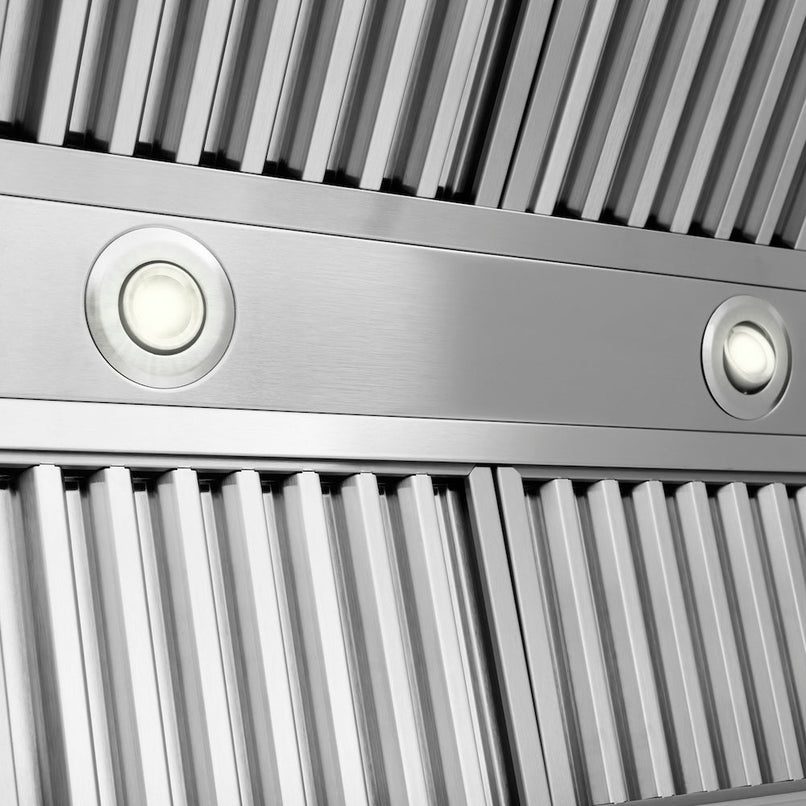 ZLINE 36 in. Wooden Wall Mount Range Hood in Rustic Shiplap Black Finish with Stainless Steel Accents (365CC-36) lights.