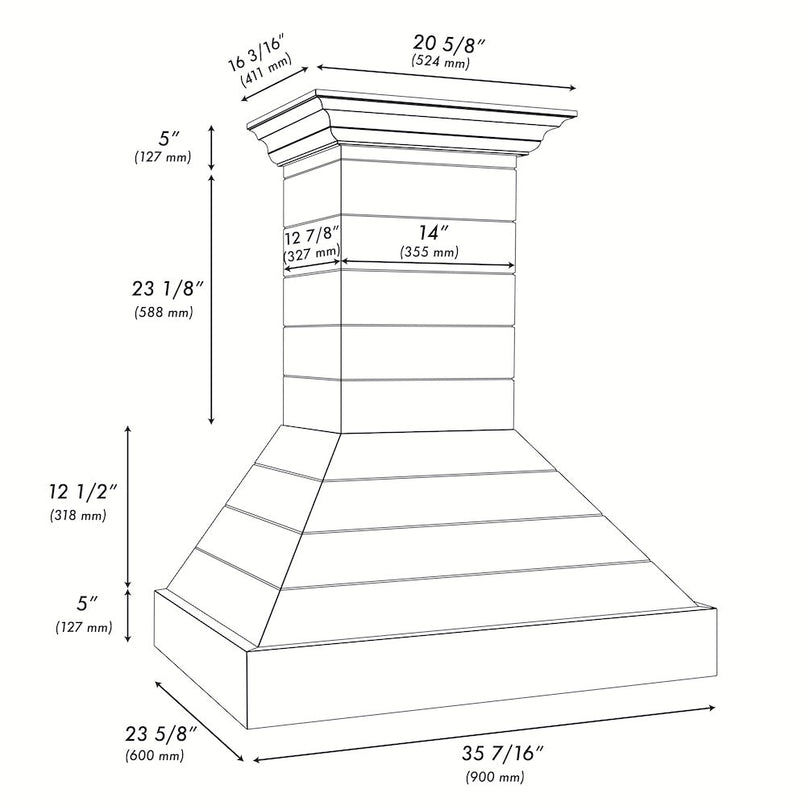 ZLINE 36 in. Wooden Wall Mount Range Hood in Rustic Shiplap Black Finish with Stainless Steel Accents (365CC-36) dimensional diagram.