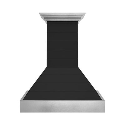 ZLINE 36 in. Wooden Wall Mount Range Hood in Rustic Shiplap Black Finish with Stainless Steel Accents (365CC-36) front.