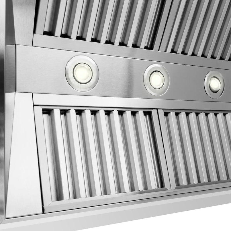 ZLINE 30 in. Wooden Wall Mount Range Hood in Rustic Bright White Finish (355WW-30) baffle filters and LED lighting.