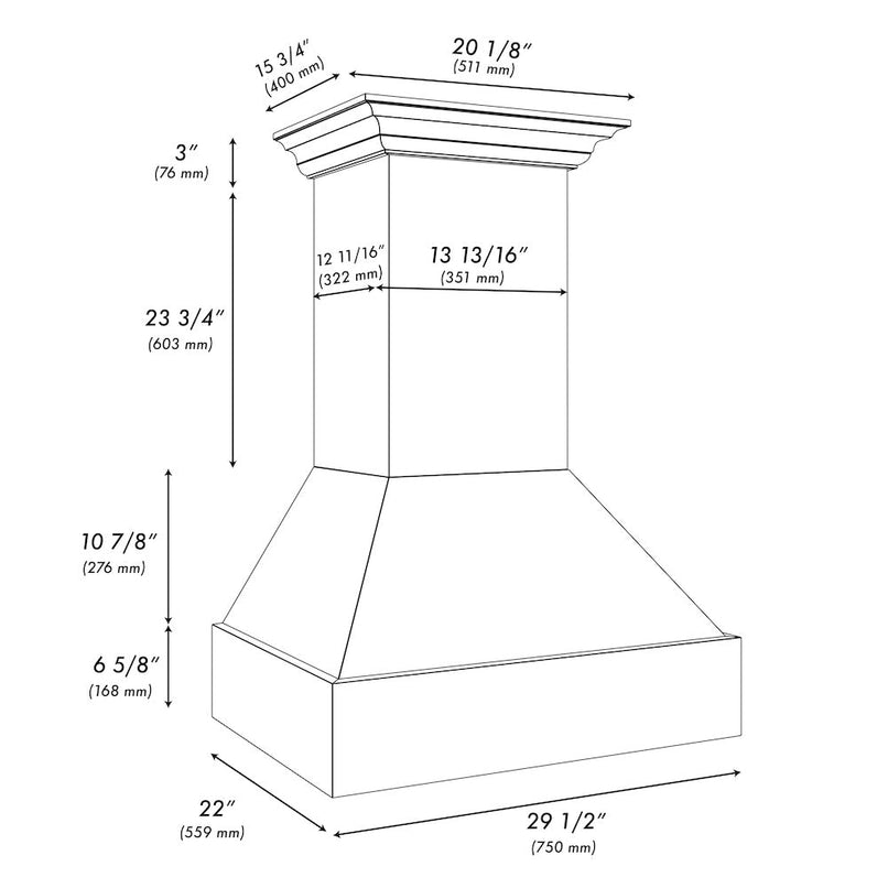 ZLINE 30 in. Wooden Wall Mount Range Hood in Rustic Bright White Finish (355WW-30) dimensional diagram.