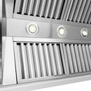 ZLINE 36 in. Wooden Wall Mount Range Hood in Rustic Bright White Finish (355WW-36) baffle filters and LED lighting.