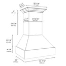 ZLINE 36 in. Wooden Wall Mount Range Hood in Rustic Bright White Finish (355WW-36) dimensional diagram.