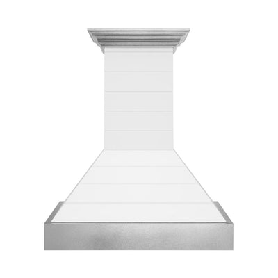 ZLINE 36 in. Wooden Wall Mount Range Hood in Rustic Shiplap Bright White Finish with Stainless Steel Accents (365WW-36) front.
