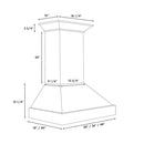 ZLINE 36 in. Wooden Wall Mount Range Hood in Smooth Bright White Finish (KBWW-36) dimensional diagram.