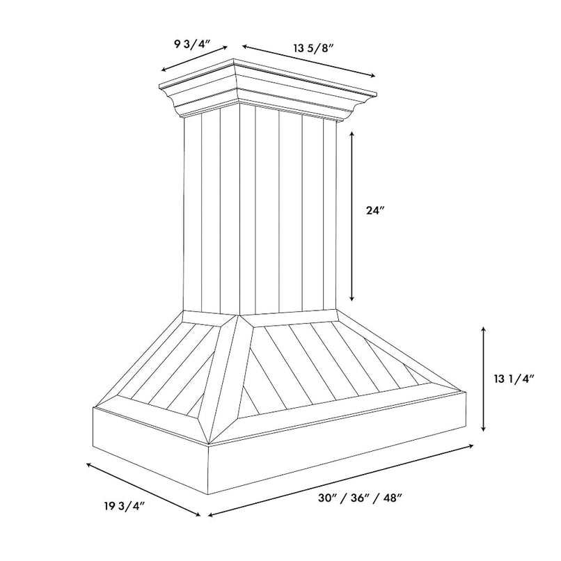 ZLINE 30 in. Wooden Wall Mount Range Hood in Shiplap Bright White Finish (KPWW-30) dimensional diagram.